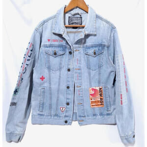 Brooklyn Cloth‎ Denim Jean Jacket New Age Worldwide Graphic Sz L Whitewashed Y2K